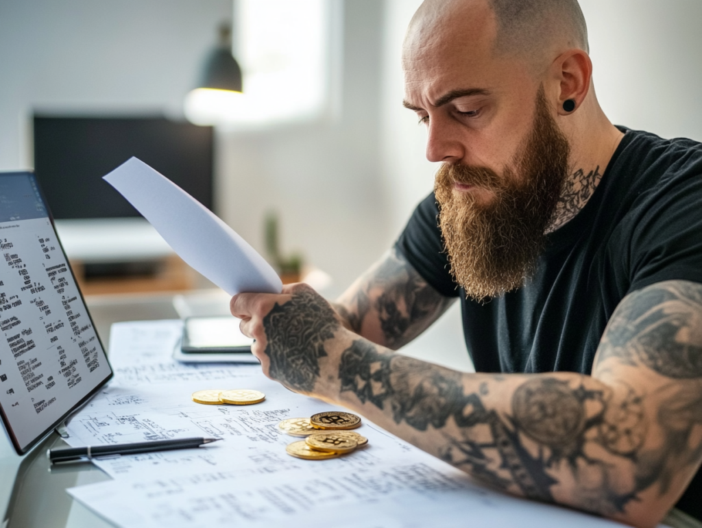 Trader med tatueringar granskar finansiella dokument vid ett skrivbord med en laptop och analytiska siffror.