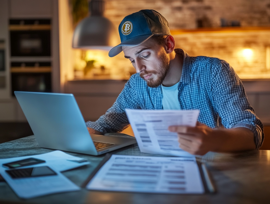 Man granskar skattedokument och tradingrapporter vid en laptop i hemmamiljö på kvällen.